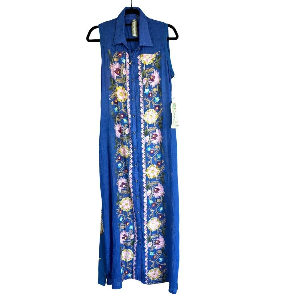 NWT Aratta Adonis Blue Embroidered Maxi Duster Shirt Dress S $228 Boho Festival - Picture 4 of 17